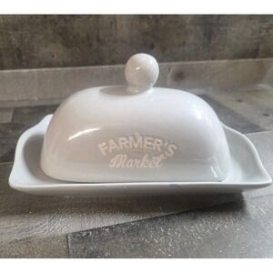 Butter Dish Keeper Covered Gray 'Farmers Market'  7"L Small Chip
